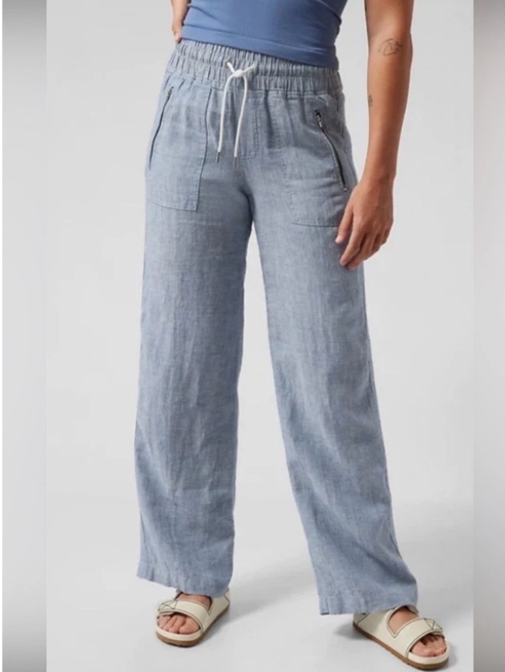 Athleta Cabo lightweight Chambray Blue Linen Wide Leg Pant